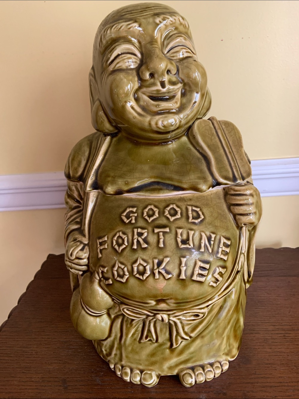 Vintage 'Good Fortune Cookies' Ceramic Hotei Buddha Cookie JarJapan 12” Tall